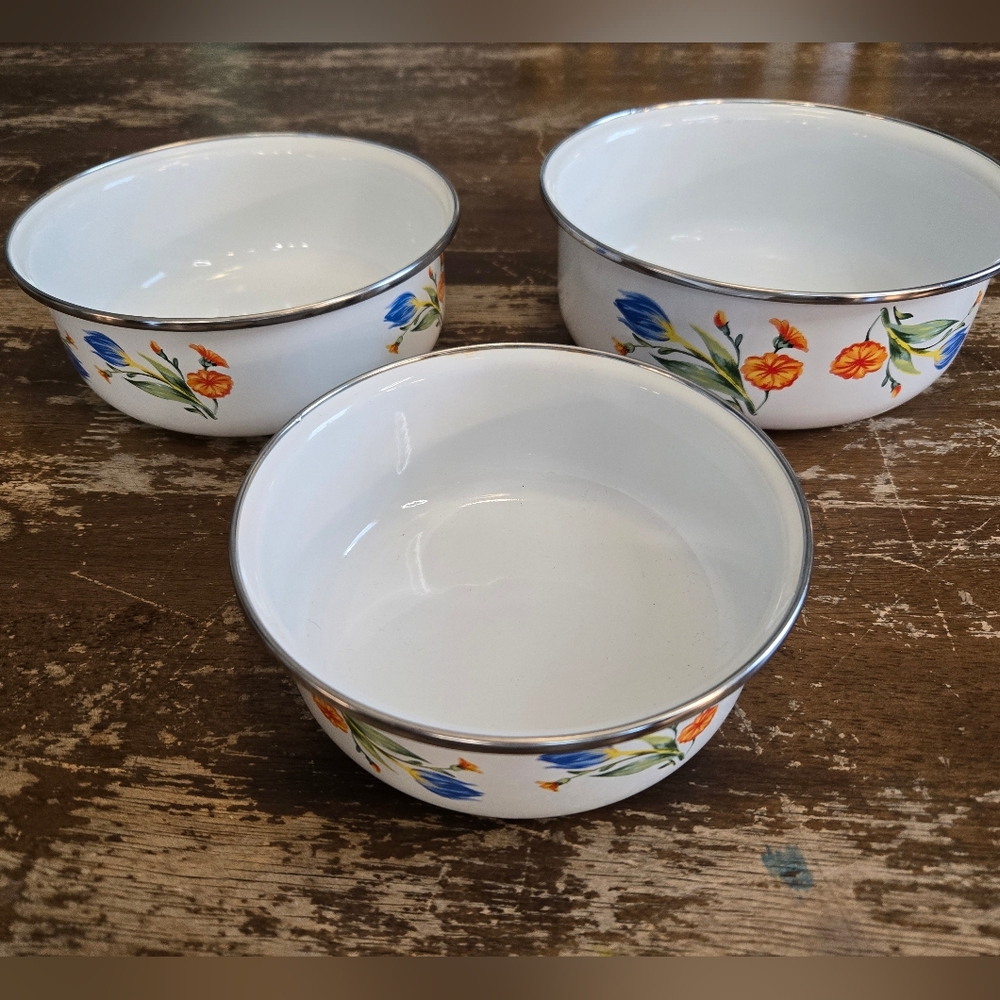 VINTAGE Nesting Bowls Floral Enamel Bowls - White with Blue and Orange Accents